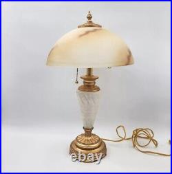 Vintage Marble & Gilt Lamp With Slag Alabaster Glass Dome Shade 24H