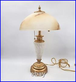 Vintage Marble & Gilt Lamp With Slag Alabaster Glass Dome Shade 24H