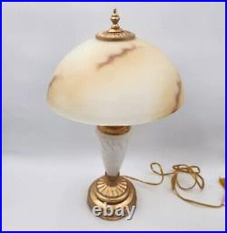 Vintage Marble & Gilt Lamp With Slag Alabaster Glass Dome Shade 24H