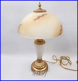 Vintage Marble & Gilt Lamp With Slag Alabaster Glass Dome Shade 24H