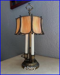 Vintage Mcm Triple French Candelabra Bouillotte Table Lamp Slag Glass Shade