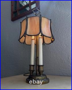 Vintage Mcm Triple French Candelabra Bouillotte Table Lamp Slag Glass Shade