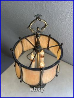 Vintage Mcm Triple French Candelabra Bouillotte Table Lamp Slag Glass Shade