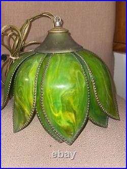 Vintage Mid Century Plastic Tulip Lotus Slag Style Lamp Faux Stained Glass Green