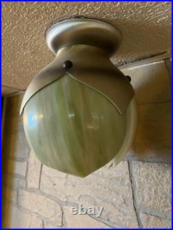 Vintage Mid Century Slag Glass Tulip Flower Aluminum Pendant Ceiling Lamp