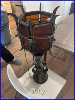 Vintage Mid Century Spanish Gothic Metal Slag Glass Lamp Lighting