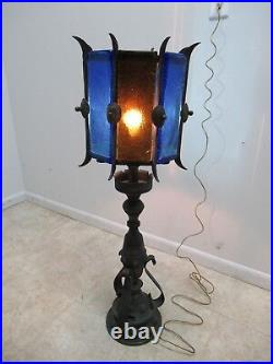Vintage Mid Century Spanish Gothic Metal Slag Glass Lamp Lighting
