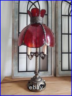 Vintage Mid-century Modern Slag Glass Cranberry Tulip Candelabra Table Lamp