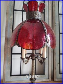 Vintage Mid-century Modern Slag Glass Cranberry Tulip Candelabra Table Lamp