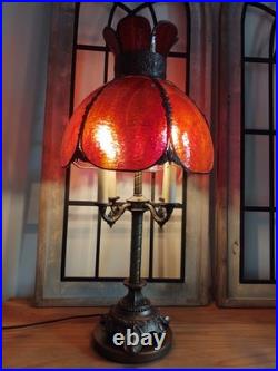 Vintage Mid-century Modern Slag Glass Cranberry Tulip Candelabra Table Lamp