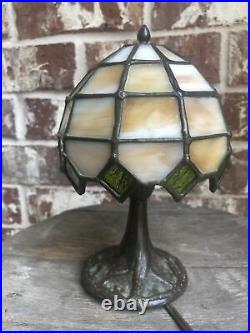 Vintage Mini Slag Glass Bronze Base Lamp, Unique