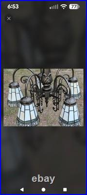 Vintage Mission 5 Light Chandelier Spectrum Slag Glass Craftsman Lamp