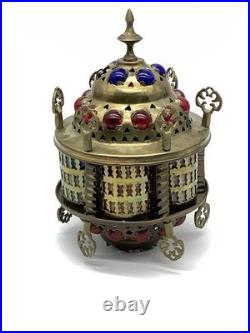 Vintage Moroccan Turkish Lantern Light Brass Slag Glass Colorful Light Shade