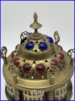Vintage Moroccan Turkish Lantern Light Brass Slag Glass Colorful Light Shade