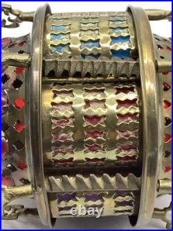 Vintage Moroccan Turkish Lantern Light Brass Slag Glass Colorful Light Shade