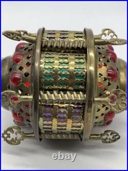 Vintage Moroccan Turkish Lantern Light Brass Slag Glass Colorful Light Shade
