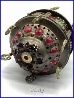 Vintage Moroccan Turkish Lantern Light Brass Slag Glass Colorful Light Shade