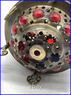 Vintage Moroccan Turkish Lantern Light Brass Slag Glass Colorful Light Shade