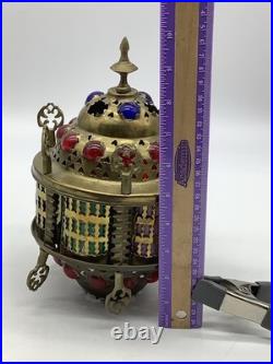 Vintage Moroccan Turkish Lantern Light Brass Slag Glass Colorful Light Shade