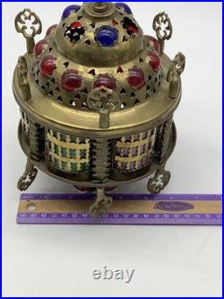 Vintage Moroccan Turkish Lantern Light Brass Slag Glass Colorful Light Shade Vintage Moroccan Turkish Lantern Light Brass Slag Glass Colorful Light Shade