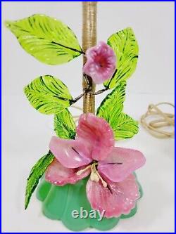 Vintage Murano Venetian Czech Slag Pink Green Glass Flower Lamp Pair 11Hx4.75W
