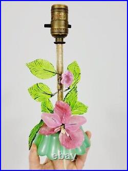Vintage Murano Venetian Czech Slag Pink Green Glass Flower Lamp Pair 11Hx4.75W