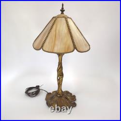 Vintage Nouveau Brass Lily and Vine Table Lamp withCream/Caramel Slag Glass Shade