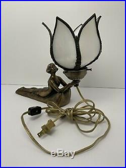 Vintage Nude Flapper Girl Lamp Tulip Shaped Slag Glass Shade Art Deco Chandler I