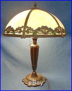 Vintage Painted Spelter Slag Glass Table Lamp Floral Bouquet & Lattice Shade