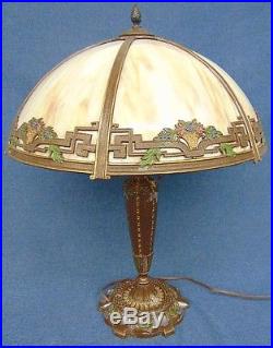 Vintage Painted Spelter Slag Glass Table Lamp Floral Bouquet & Lattice Shade