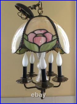 Vintage Petite Slag Glass Chandelier Floral Motif Hanging Light Fixture Lamp