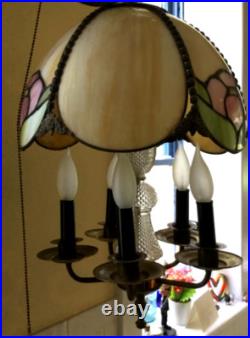 Vintage Petite Slag Glass Chandelier Floral Motif Hanging Light Fixture Lamp