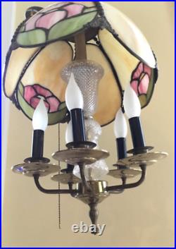 Vintage Petite Slag Glass Chandelier Floral Motif Hanging Light Fixture Lamp