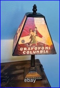 Vintage Rare Grafofoni Columbia Slag Glass Painted Revival Table Lamp