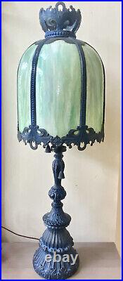 Vintage Rare Slag Glass Banquet Lamp 3 Light Cast Metal Base by MC Co 39.5H