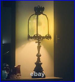 Vintage Rare Slag Glass Banquet Lamp 3 Light Cast Metal Base by MC Co 39.5H