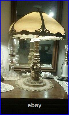 Vintage SLAG GLASS LAMP 6 PANEL WITH BASE COMPLETE