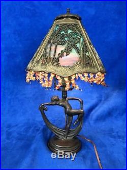 Vintage Signed Bradley & Hubbard Slag Glass Palms Design Deco Nude Lamp Base