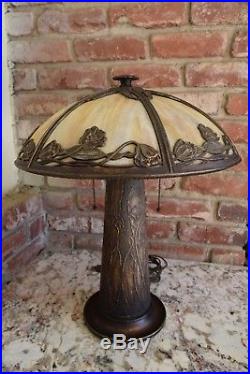 Vintage Signed Bradley & Hubbard Slag Glass Poppy Design Lamp