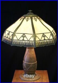 Vintage Signed Rainaud Caramel Slag Glass Panel Lamp Art Nouveau Fleur de Lis