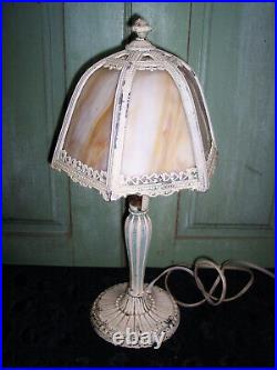 Vintage Signed Salem Bros No. 14 Bent Slag 7 Width Table Lamp Chippy Paint Vintage Signed Salem Bros No. 14 Bent Slag 7 Width Table Lamp Chippy Paint