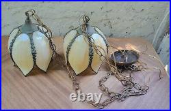 Vintage Slag Brass Lotus Tulip Glass Hanging Lamp 6 Panel Glass Chains Medallion