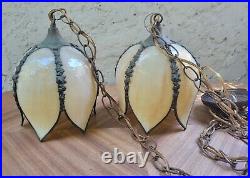 Vintage Slag Brass Lotus Tulip Glass Hanging Lamp 6 Panel Glass Chains Medallion