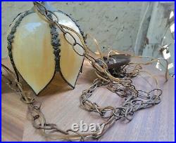 Vintage Slag Brass Lotus Tulip Glass Hanging Lamp 6 Panel Glass Chains Medallion