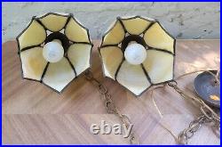 Vintage Slag Brass Lotus Tulip Glass Hanging Lamp 6 Panel Glass Chains Medallion
