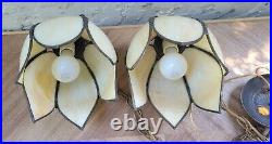 Vintage Slag Brass Lotus Tulip Glass Hanging Lamp 6 Panel Glass Chains Medallion