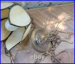 Vintage Slag Brass Lotus Tulip Glass Hanging Lamp 6 Panel Glass Chains Medallion