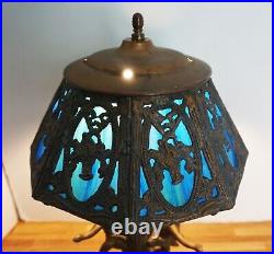 Vintage Slag Glass Brass Lamp Cherub Blue Green 8 Panel Shade