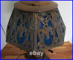 Vintage Slag Glass Brass Lamp Cherub Blue Green 8 Panel Shade