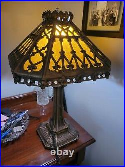 Vintage Slag Glass Cast Iron Table Lamp Mission Arts And Crafts Gothic Style 20